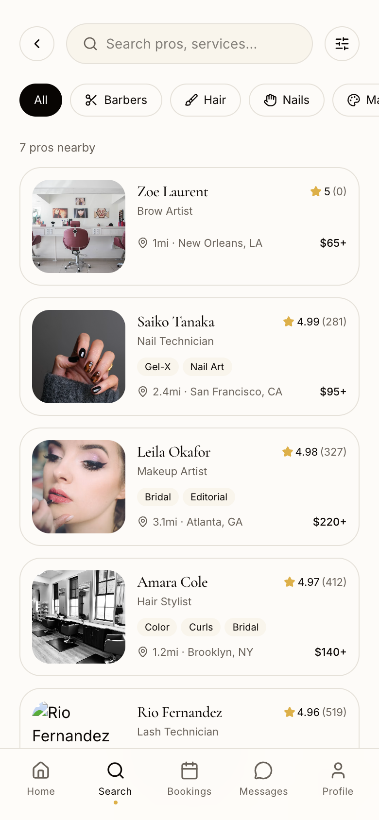 Search screen with verified professionals